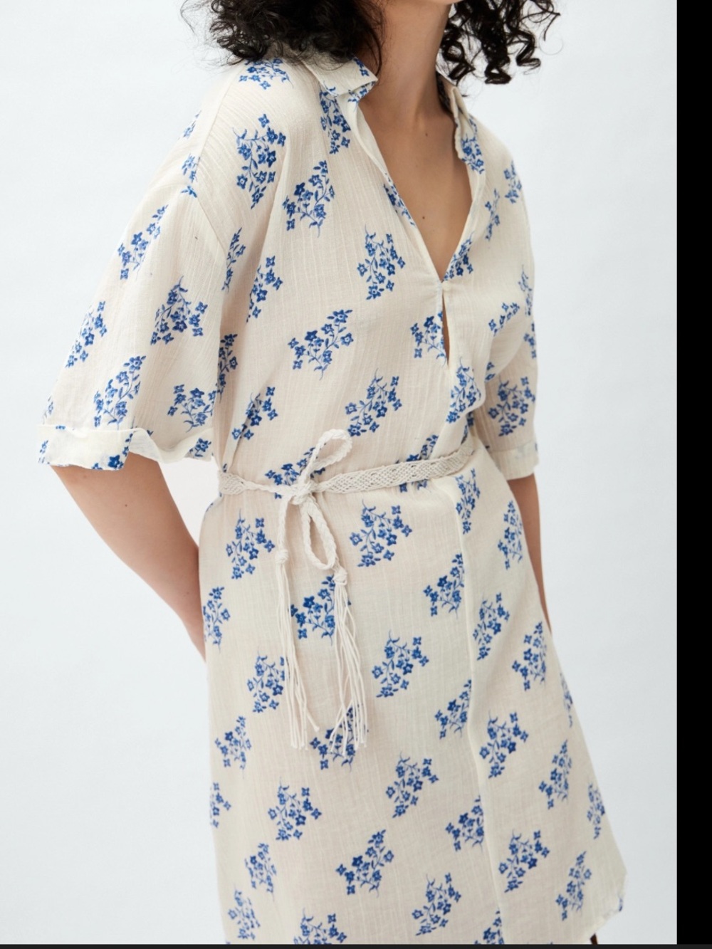 H&M Floral linen blend Dress self tying woven Belt white blue size XL NEW W/Tags
